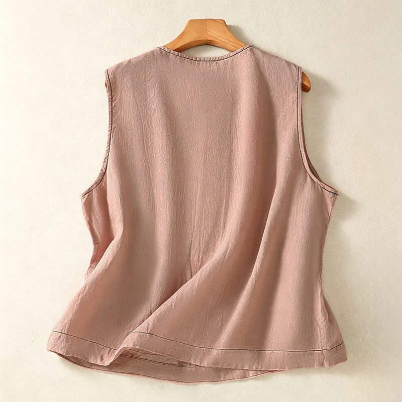 Buddha Stones Summer Casual Minimalist Button-Up Solid Women's Sleeveless Shirts Tank Top With Patch Pocket - image 27