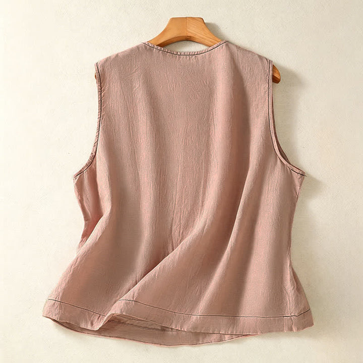 Buddha Stones Summer Casual Minimalist Button-Up Solid Women's Sleeveless Shirts Tank Top With Patch Pocket - image 27