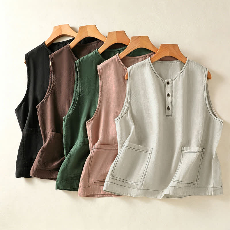 Buddha Stones Summer Casual Minimalist Button-Up Solid Women's Sleeveless Shirts Tank Top With Patch Pocket - image 33