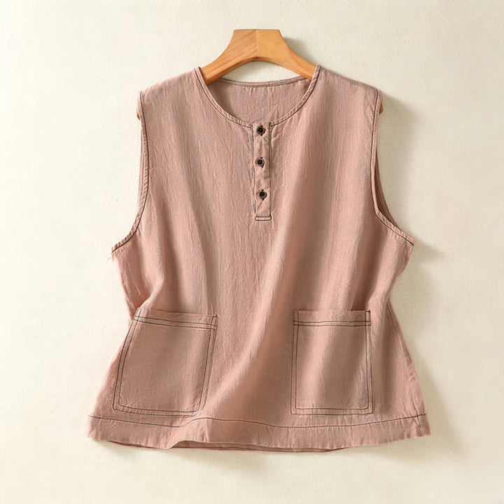 Buddha Stones Summer Casual Minimalist Button-Up Solid Women's Sleeveless Shirts Tank Top With Patch Pocket - RosyBrown - US12, UK/AU16, EU44 (2XL) - image 26