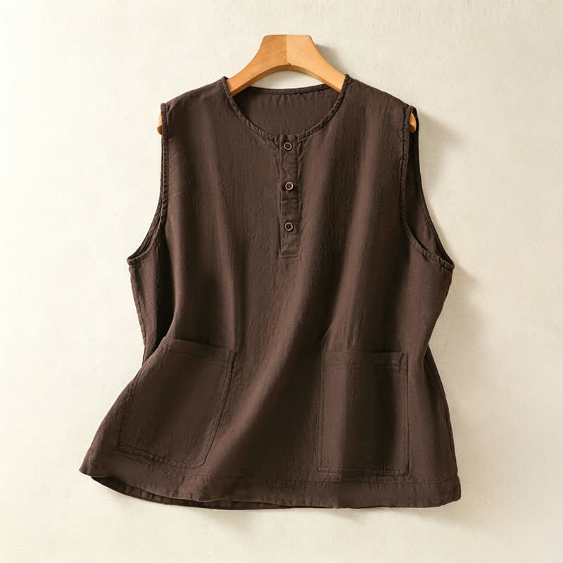 Buddha Stones Summer Casual Minimalist Button-Up Solid Women's Sleeveless Shirts Tank Top With Patch Pocket - SaddleBrown - US12, UK/AU16, EU44 (2XL) - image 20