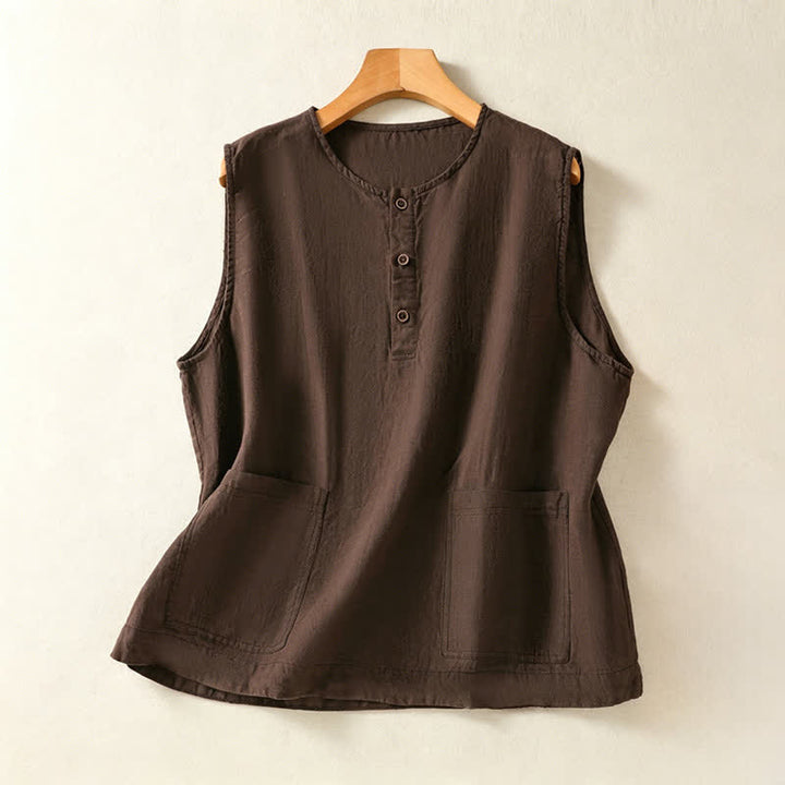Buddha Stones Summer Casual Minimalist Button-Up Solid Women's Sleeveless Shirts Tank Top With Patch Pocket - SaddleBrown - US12, UK/AU16, EU44 (2XL) - image 20