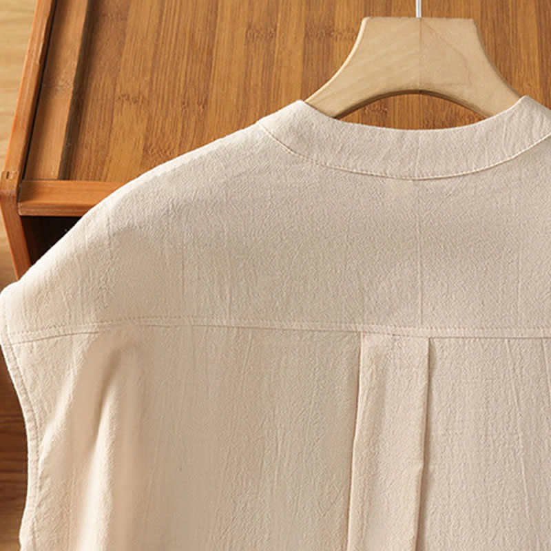 Buddha Stones Summer Tang Style Casual Mandarin Collar Button-Up Solid Patch Pocket Women's Sleeveless Shirts Tank Top - image 4