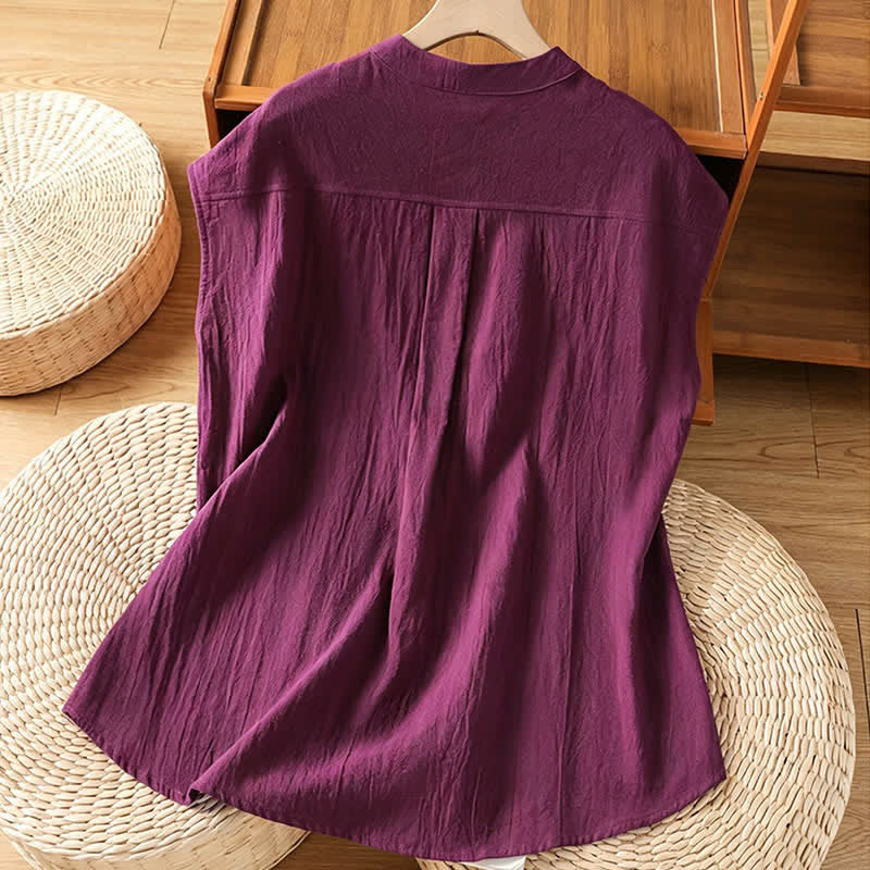 Buddha Stones Summer Tang Style Casual Mandarin Collar Button-Up Solid Patch Pocket Women's Sleeveless Shirts Tank Top - image 17