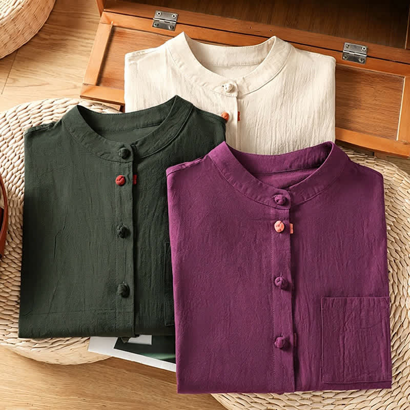 Buddha Stones Summer Tang Style Casual Mandarin Collar Button-Up Solid Patch Pocket Women's Sleeveless Shirts Tank Top - image 25