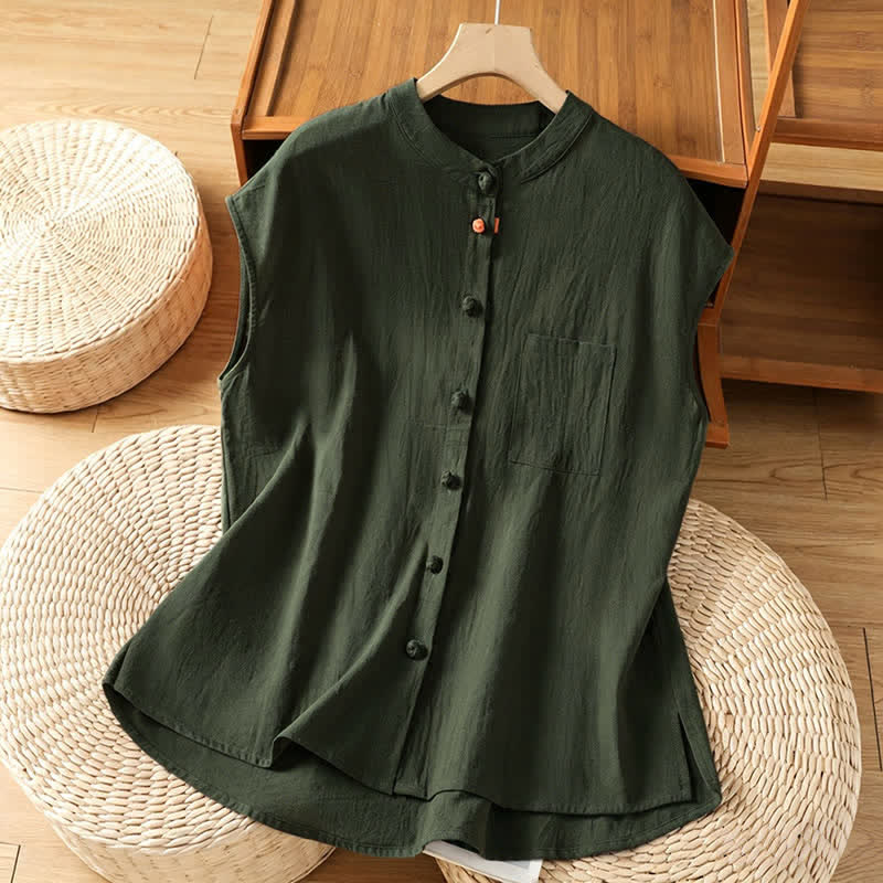 Buddha Stones Summer Tang Style Casual Mandarin Collar Button-Up Solid Patch Pocket Women's Sleeveless Shirts Tank Top - DarkOliveGreen - US12, UK/AU16, EU44 (2XL) - image 9