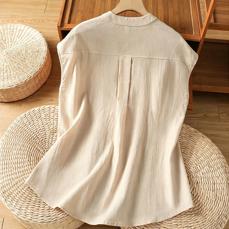 Buddha Stones Summer Tang Style Casual Mandarin Collar Button-Up Solid Patch Pocket Women's Sleeveless Shirts Tank Top - image 1