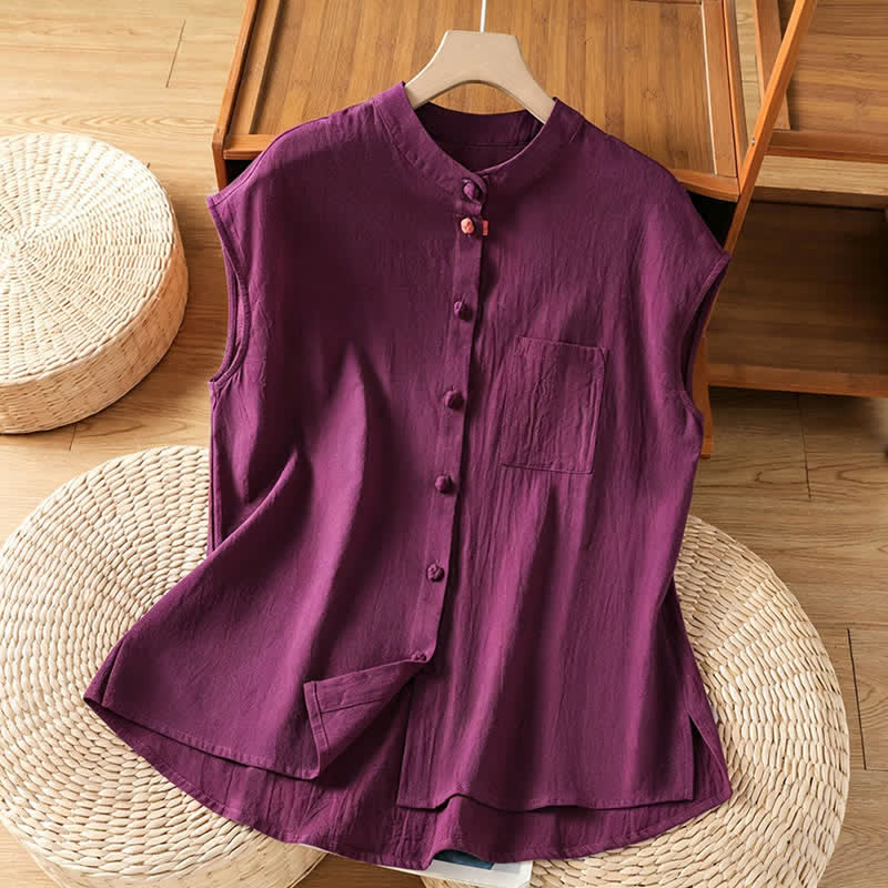 Buddha Stones Summer Tang Style Casual Mandarin Collar Button-Up Solid Patch Pocket Women's Sleeveless Shirts Tank Top - Purple - US12, UK/AU16, EU44 (2XL) - image 16