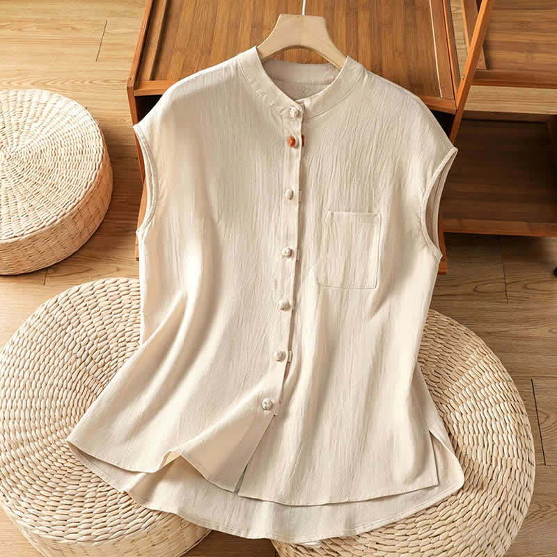 Buddha Stones Summer Tang Style Casual Mandarin Collar Button-Up Solid Patch Pocket Women's Sleeveless Shirts Tank Top - Beige - US12, UK/AU16, EU44 (2XL) - image 0
