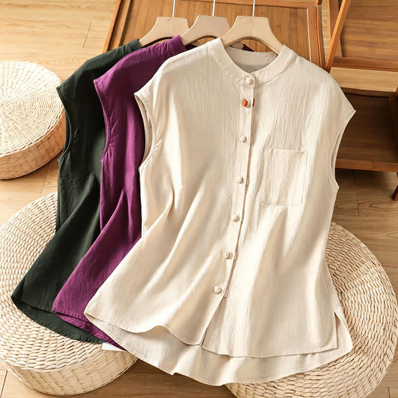 Buddha Stones Summer Tang Style Casual Mandarin Collar Button-Up Solid Patch Pocket Women's Sleeveless Shirts Tank Top - image 24