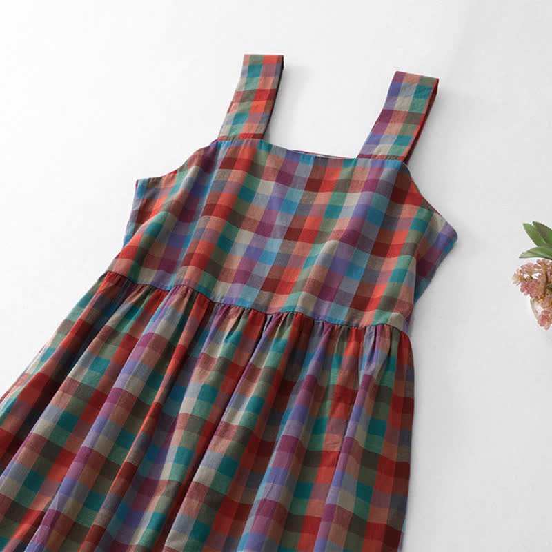 Buddha Stones Summer Casual Vintage Drawstring Rainbow Plaid Women's Summer Sleeveless Dress - image 3