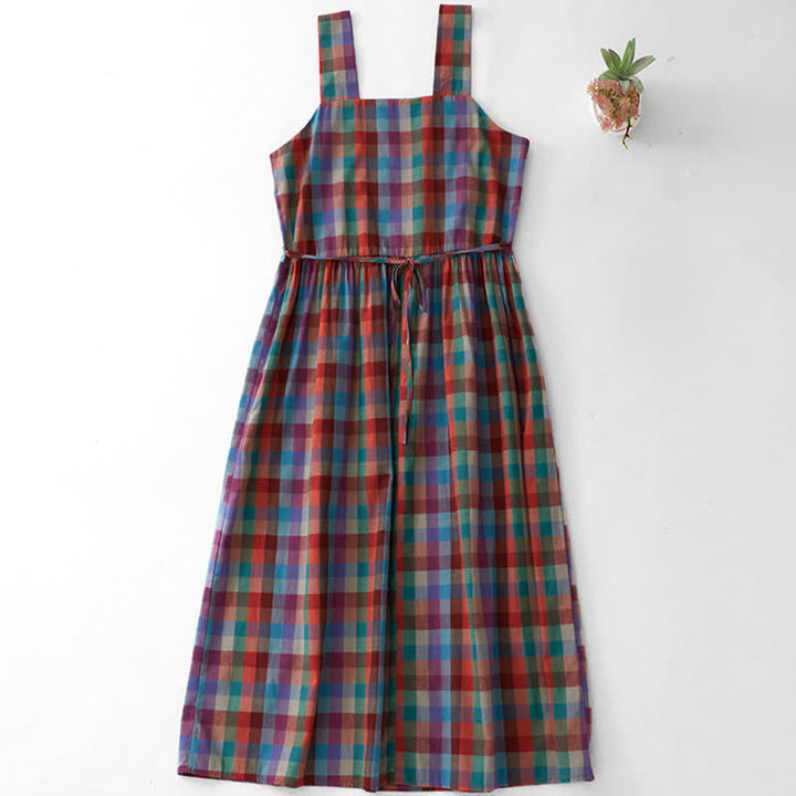 Buddha Stones Summer Casual Vintage Drawstring Rainbow Plaid Women's Summer Sleeveless Dress - image 1