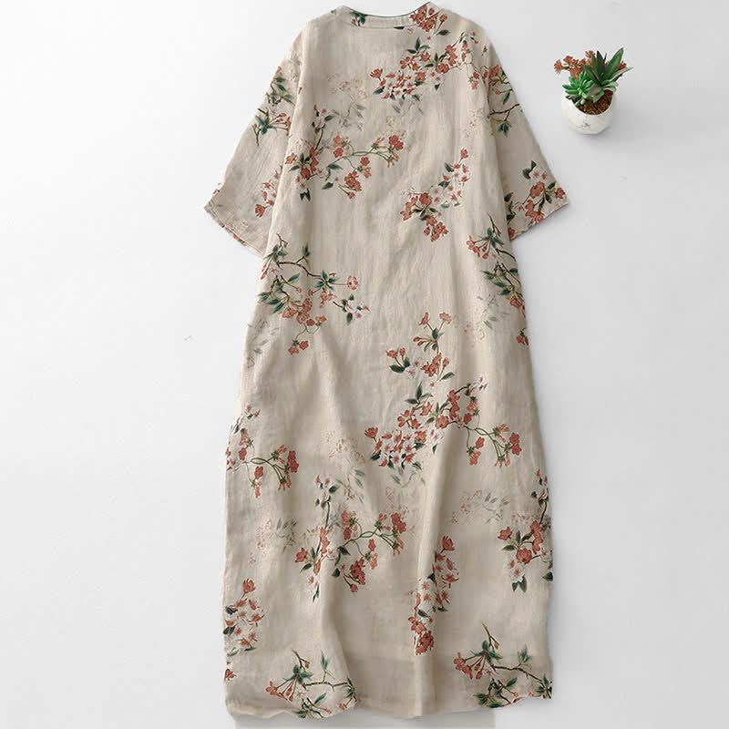 Buddha Stones Summer Tang Style Mandarin Collar Small Red Flowers Women's Short Sleeve Dress - image 1