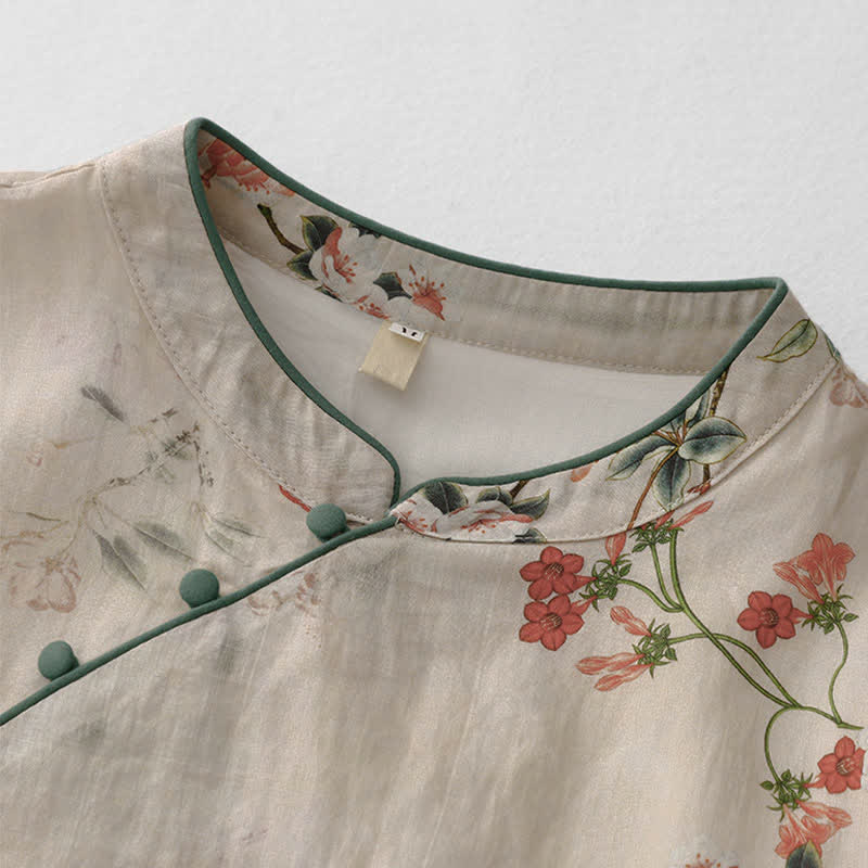 Buddha Stones Summer Tang Style Mandarin Collar Small Red Flowers Women's Short Sleeve Dress - image 3