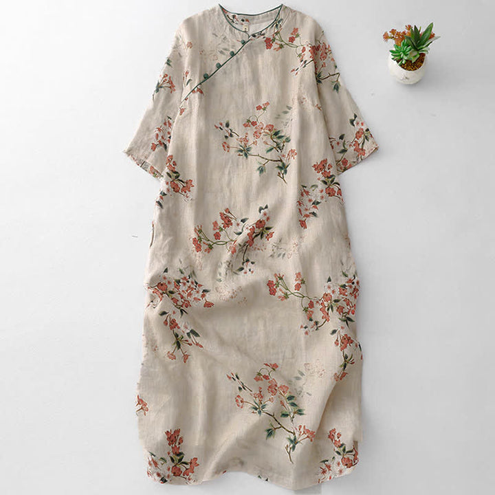 Buddha Stones Summer Tang Style Mandarin Collar Small Red Flowers Women's Short Sleeve Dress - Beige - US8-10, UK/AU12-14, EU40-42 (2XL) - image 0