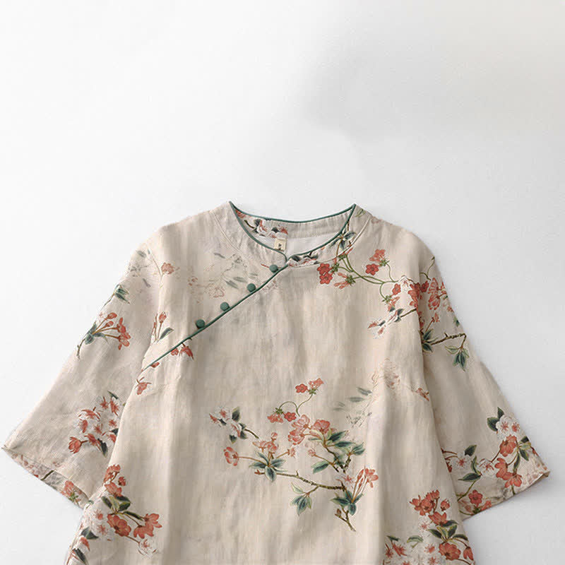 Buddha Stones Summer Tang Style Mandarin Collar Small Red Flowers Women's Short Sleeve Dress - image 2