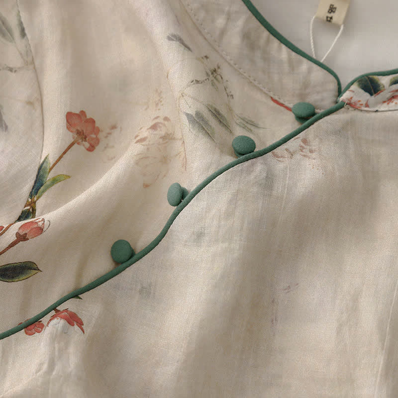 Buddha Stones Summer Tang Style Mandarin Collar Small Red Flowers Women's Short Sleeve Dress - image 4