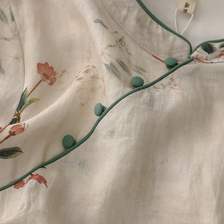 Buddha Stones Summer Tang Style Mandarin Collar Small Red Flowers Women's Short Sleeve Dress - image 4