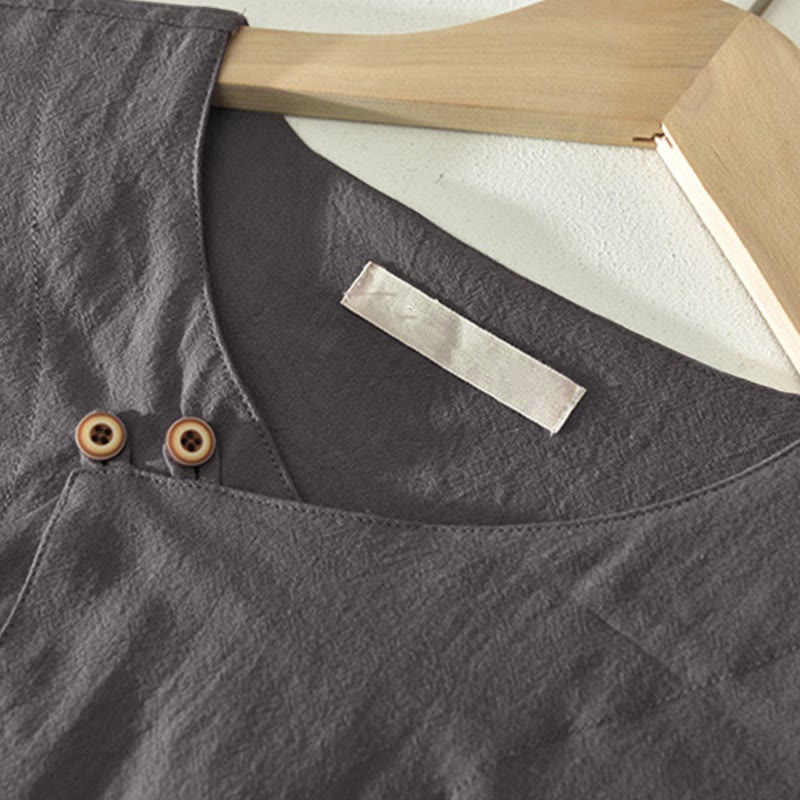 Buddha Stones Summer Casual Asymmetrical V-Neck Button Solid Men's Short Sleeve Shirts - image 1