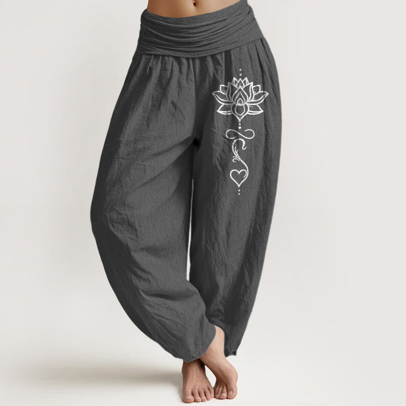 Buddha Stones Pure Cotton Lotus Heart Pattern Women's Elastic Waist Harem Pants - DimGray - US16，UK/AU20，EU48 (3XL) - image 8