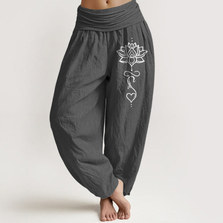 Buddha Stones Pure Cotton Lotus Heart Pattern Women's Elastic Waist Harem Pants - DimGray - US16，UK/AU20，EU48 (3XL) - image 8