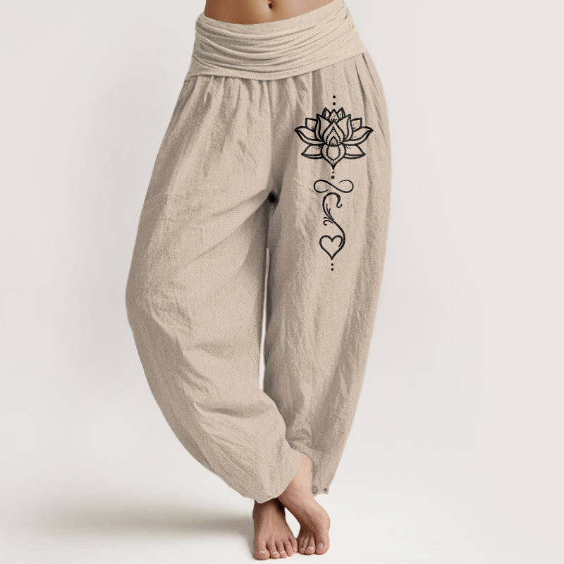 Buddha Stones Pure Cotton Lotus Heart Pattern Women's Elastic Waist Harem Pants - Tan - US16，UK/AU20，EU48 (3XL) - image 11
