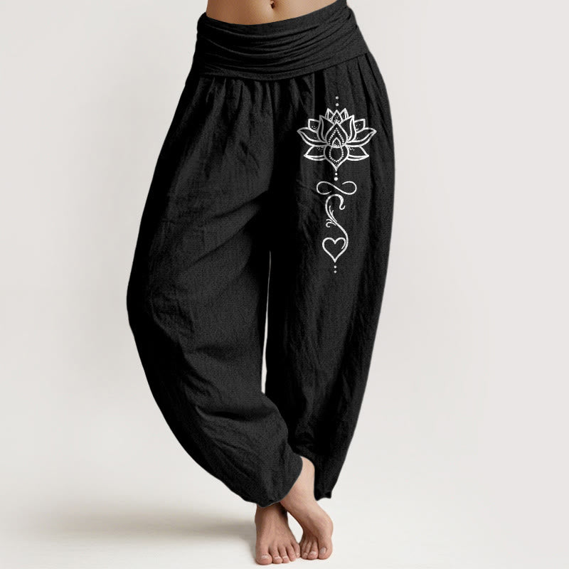 Buddha Stones Pure Cotton Lotus Heart Pattern Women's Elastic Waist Harem Pants - Black - US16，UK/AU20，EU48 (3XL) - image 0
