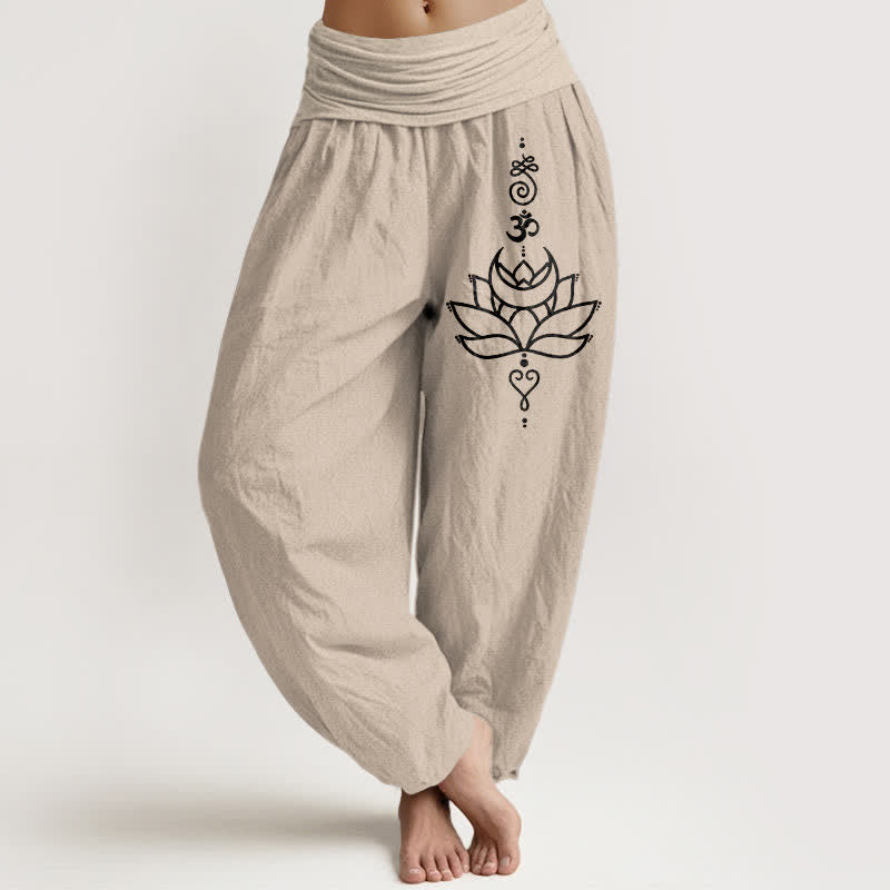 Buddha Stones Pure Cotton Lotus Bloom Pattern Women's Elastic Waist Harem Pants - Tan - US16，UK/AU20，EU48 (3XL) - image 11