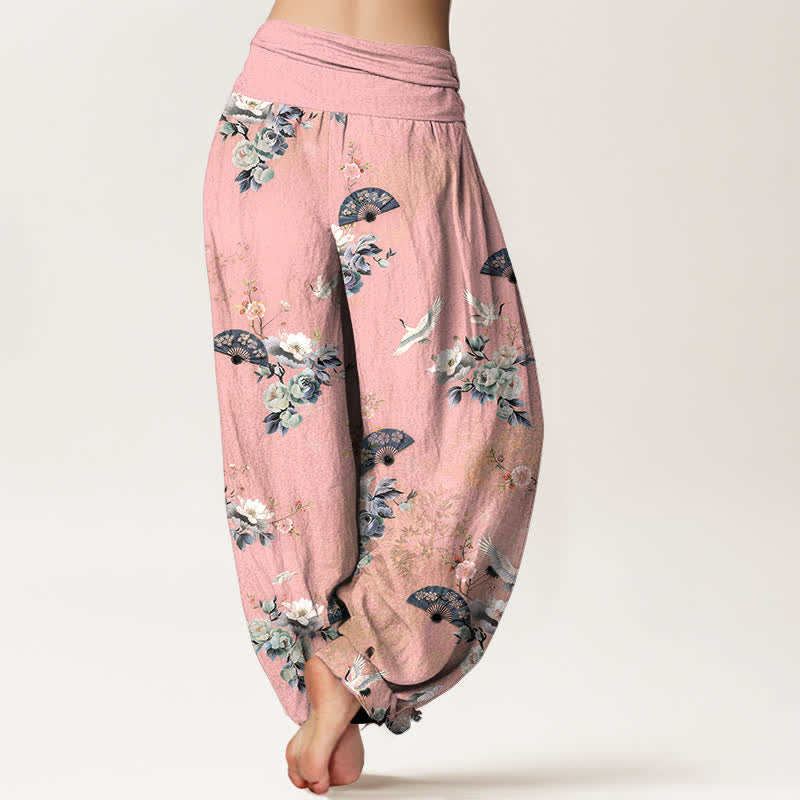 Buddha Stones Cotton Crane Fan Floral Pattern Women's Elastic Waist Harem Pants - image 6