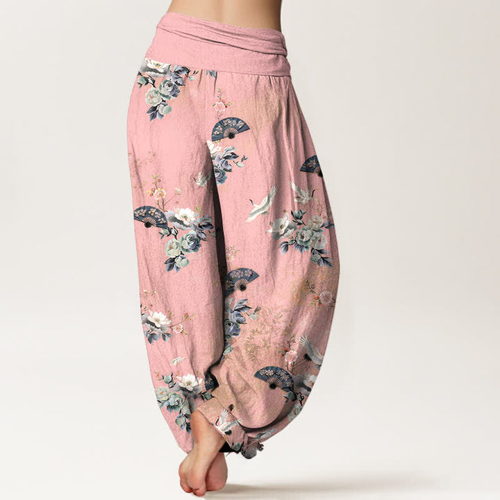 Buddha Stones Cotton Crane Fan Floral Pattern Women's Elastic Waist Harem Pants - image 6
