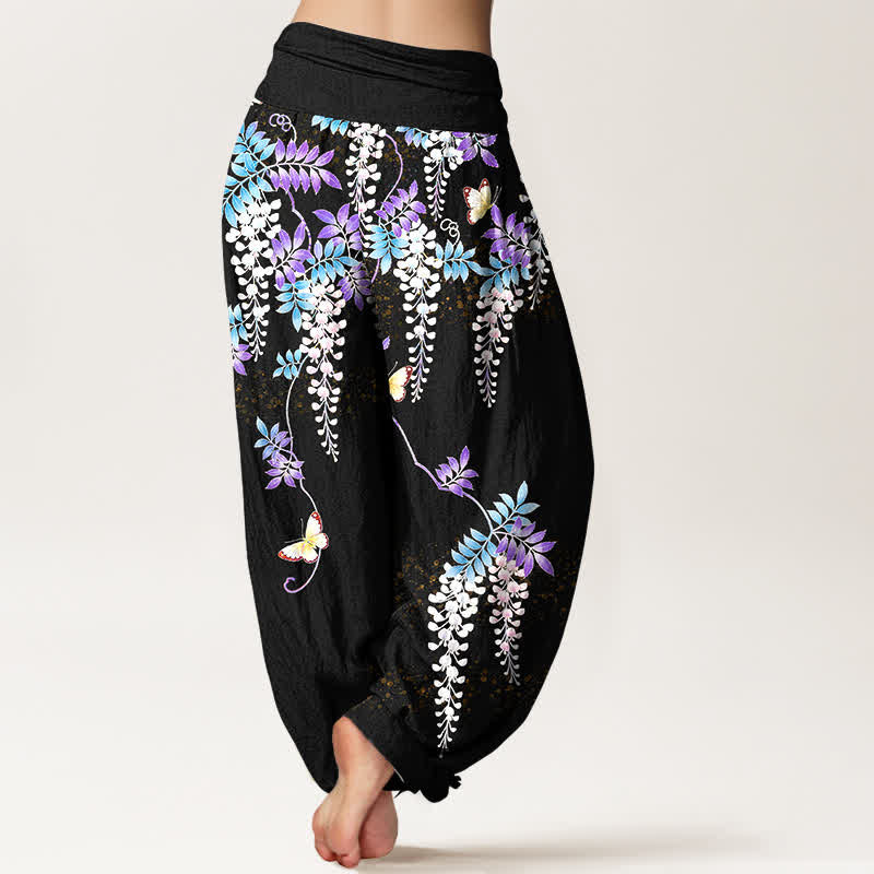 Buddha Stones Pure Cotton Wisteria Butterfly Pattern Women's Elastic Waist Harem Pants - image 1