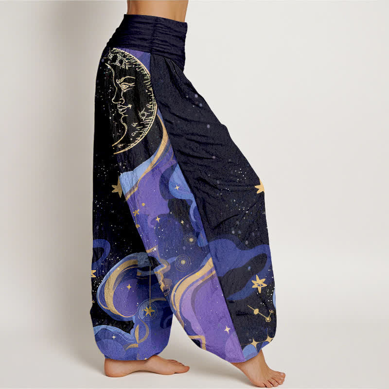 Buddha Stones Cotton Celestial Sun Moon & Star Wave Pattern Women's Elastic Waist Harem Pants - image 2