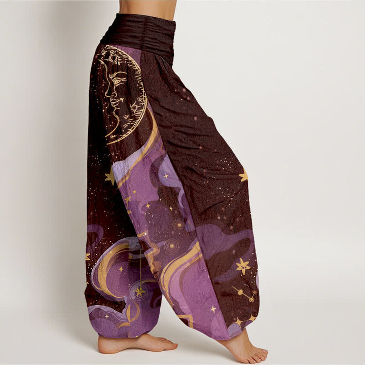Buddha Stones Cotton Celestial Sun Moon & Star Wave Pattern Women's Elastic Waist Harem Pants - image 7