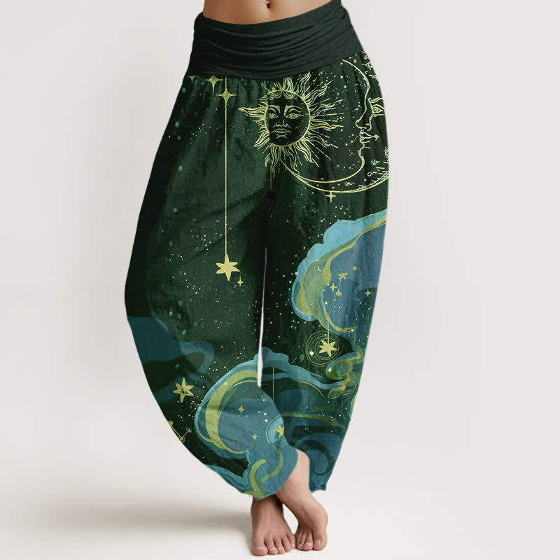 Buddha Stones Cotton Celestial Sun Moon & Star Wave Pattern Women's Elastic Waist Harem Pants - DarkGreen - US16，UK/AU20，EU48 (3XL) - image 8