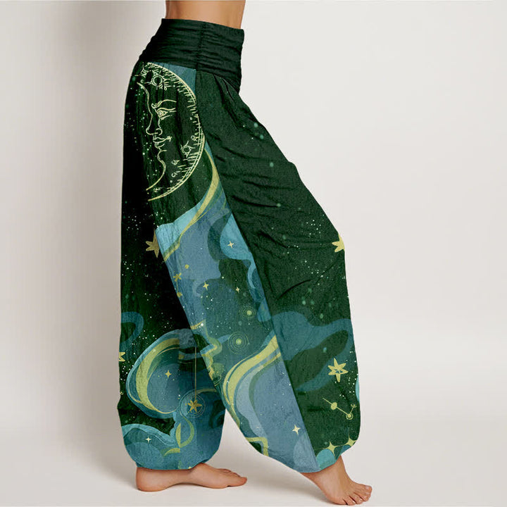 Buddha Stones Cotton Celestial Sun Moon & Star Wave Pattern Women's Elastic Waist Harem Pants - image 10
