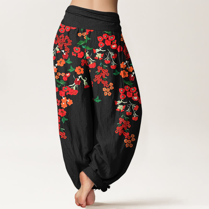 Buddha Stones Cotton Bohemian Red Floral Pattern Women's Elastic Waist Harem Pants - image 1