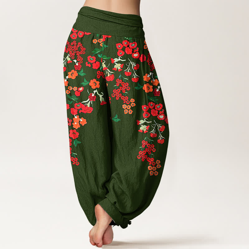 Buddha Stones Cotton Bohemian Red Floral Pattern Women's Elastic Waist Harem Pants - image 9
