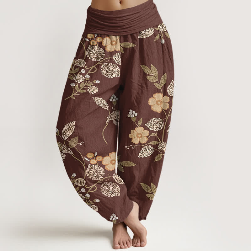 Buddha Stones Pure Cotton Vintage Floral Leaf Pattern Women's Elastic Waist Harem Pants - Sienna - US16，UK/AU20，EU48 (3XL) - image 0