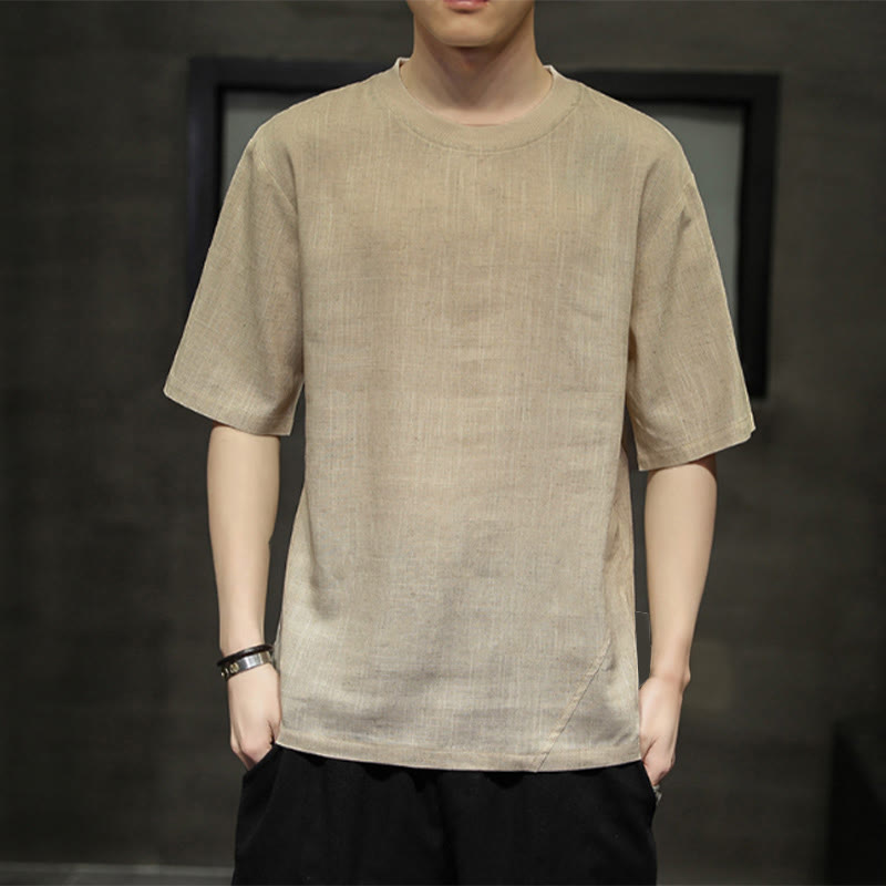 Buddha Stones Summer Casual Minimalist Solid Crew Neck Linen Men's Short Sleeve T-Shirts - Tan - US/UK/AU46，EU56 (5XL) - image 0