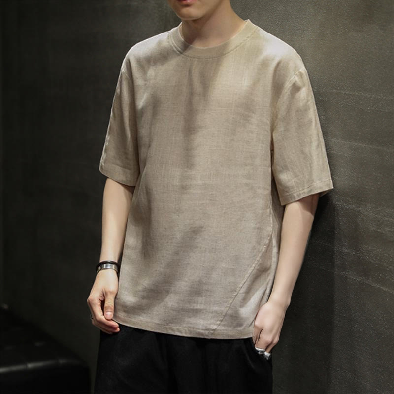 Buddha Stones Summer Casual Minimalist Solid Crew Neck Linen Men's Short Sleeve T-Shirts - image 2