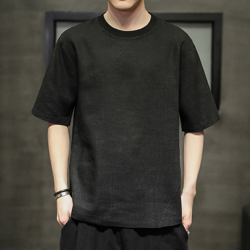 Buddha Stones Summer Casual Minimalist Solid Crew Neck Linen Men's Short Sleeve T-Shirts - Black - US/UK/AU46，EU56 (5XL) - image 6