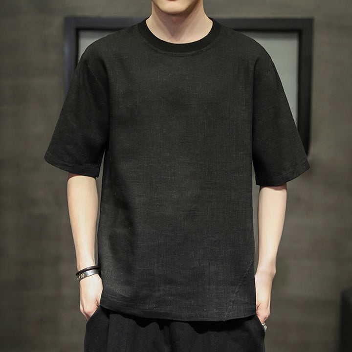 Buddha Stones Summer Casual Minimalist Solid Crew Neck Linen Men's Short Sleeve T-Shirts - Black - US/UK/AU46，EU56 (5XL) - image 6