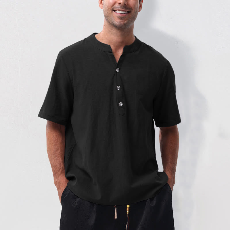 Buddha Stones Summer Casual Mandarin Collar Solid Half Buttons Cotton Linen Men's Short Sleeve Shirts - Black - US/UK/AU50，EU60 (5XL) - image 12