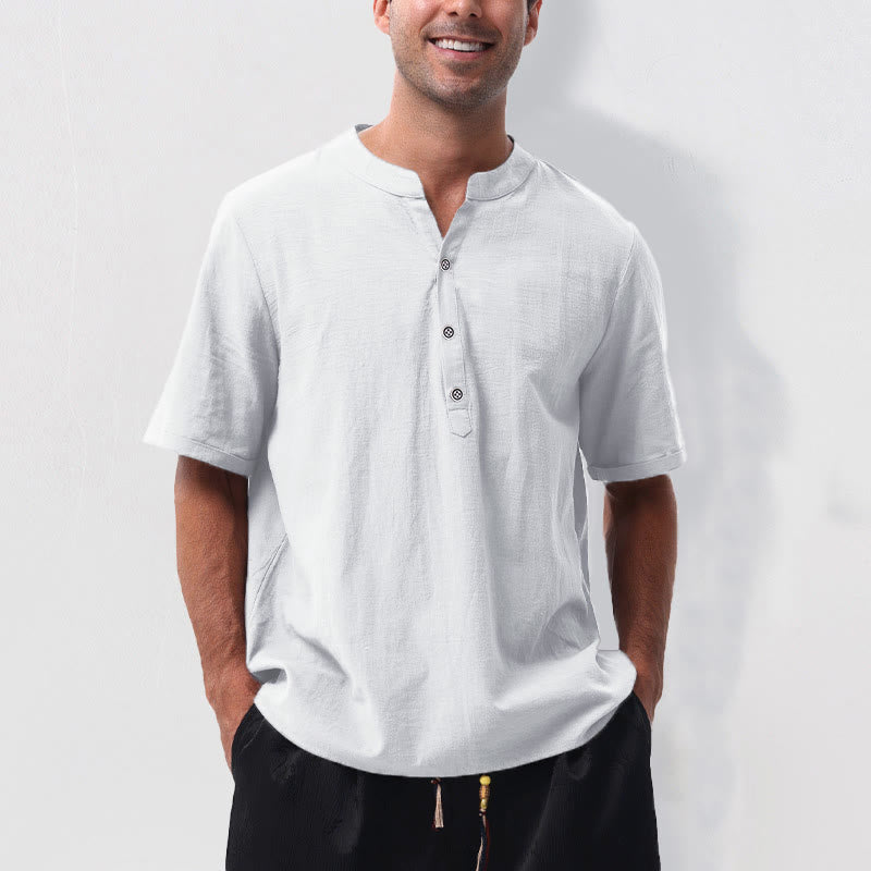 Buddha Stones Summer Casual Mandarin Collar Solid Half Buttons Cotton Linen Men's Short Sleeve Shirts - White - US/UK/AU50，EU60 (5XL) - image 20