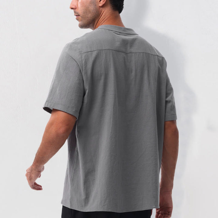 Buddha Stones Summer Casual Mandarin Collar Solid Half Buttons Cotton Linen Men's Short Sleeve Shirts - image 3