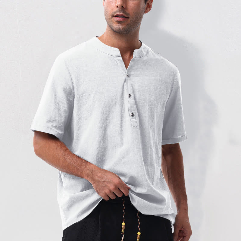 Buddha Stones Summer Casual Mandarin Collar Solid Half Buttons Cotton Linen Men's Short Sleeve Shirts - image 21