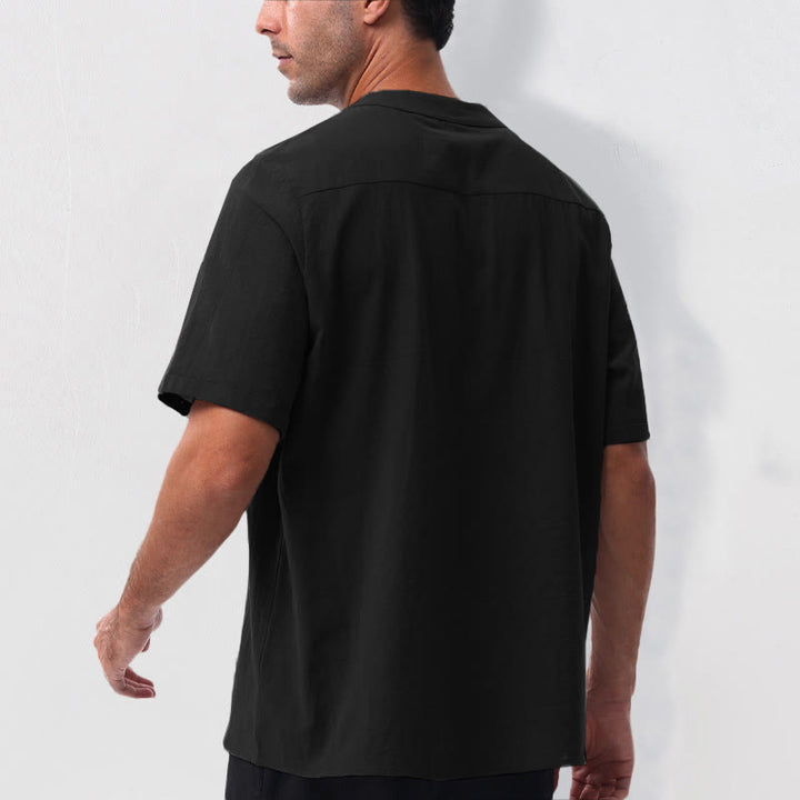 Buddha Stones Summer Casual Mandarin Collar Solid Half Buttons Cotton Linen Men's Short Sleeve Shirts - image 15