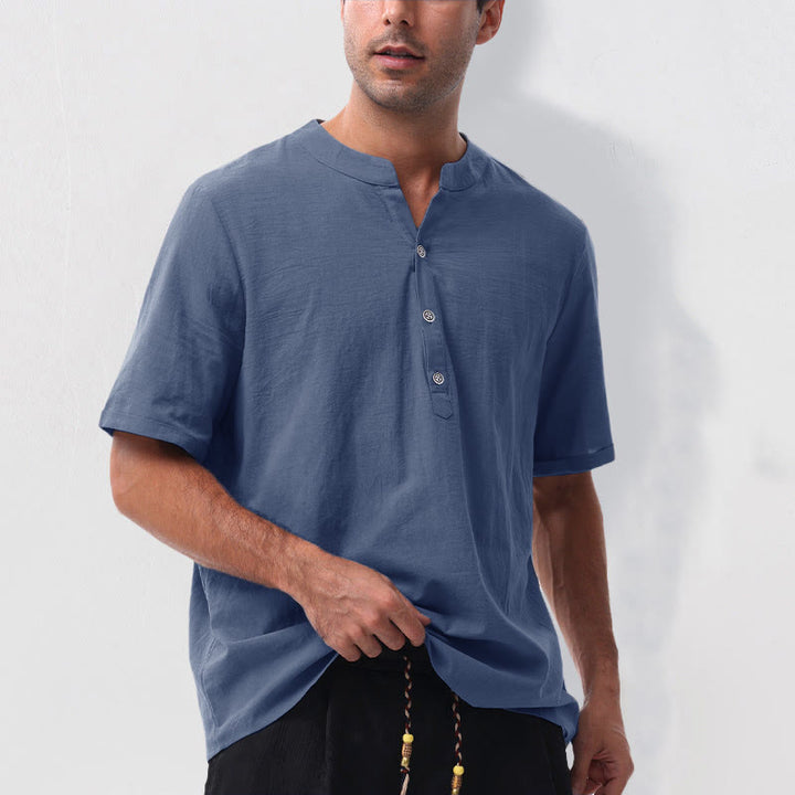 Buddha Stones Summer Casual Mandarin Collar Solid Half Buttons Cotton Linen Men's Short Sleeve Shirts - image 17