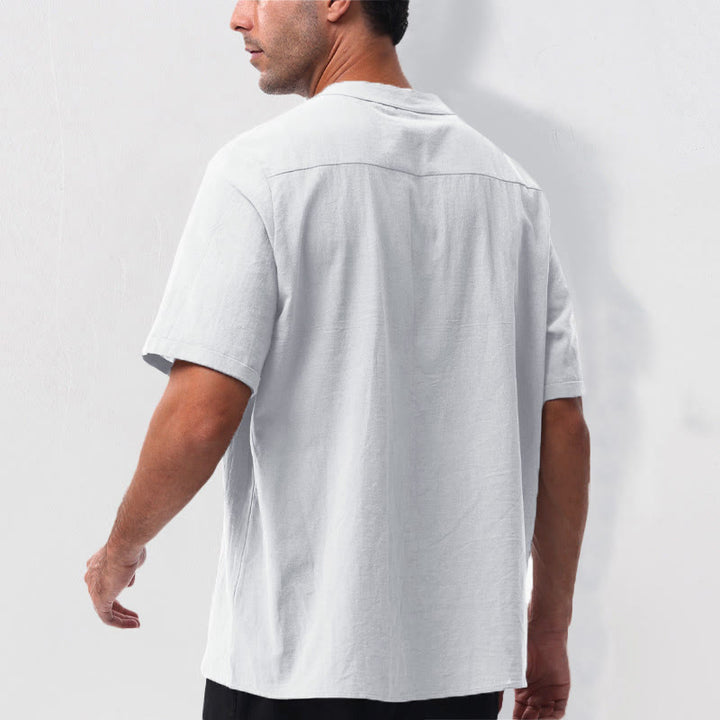 Buddha Stones Summer Casual Mandarin Collar Solid Half Buttons Cotton Linen Men's Short Sleeve Shirts - image 22