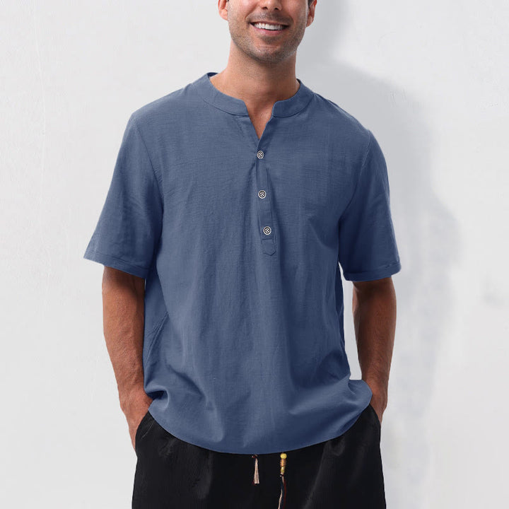 Buddha Stones Summer Casual Mandarin Collar Solid Half Buttons Cotton Linen Men's Short Sleeve Shirts - SteelBlue - US/UK/AU50，EU60 (5XL) - image 16